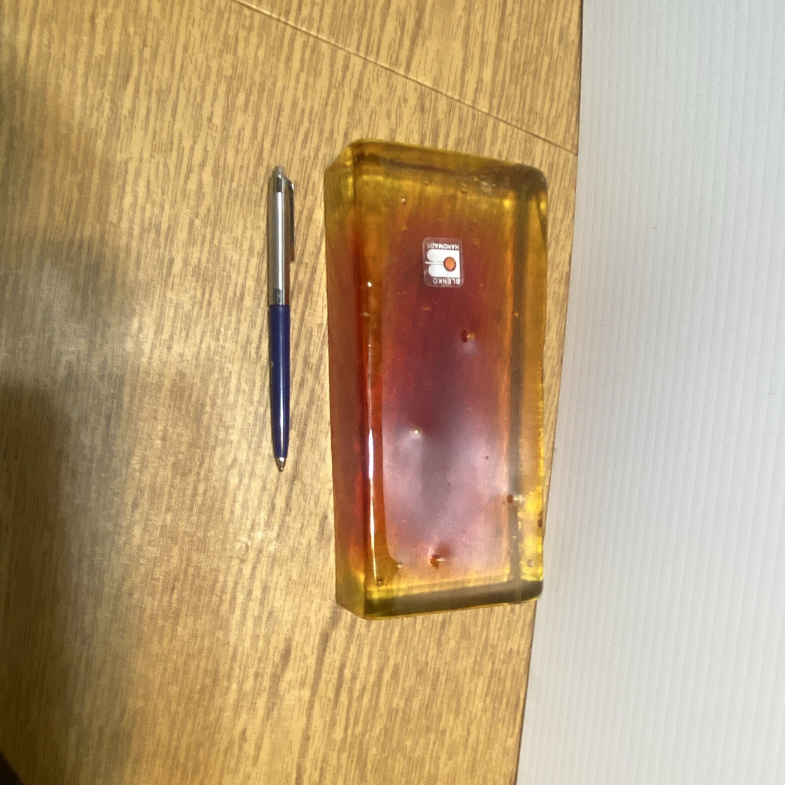 Blenko Amber & Red Rectangular Glass Paperweight Block, Glass Desk Paperweight