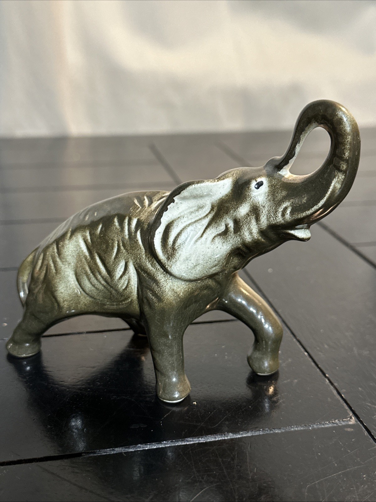 VINTAGE LUCKY ELEPHANT TRUNK UP TUSKS UP GRAY AND WHITE ELEPHANT FIGURINE 5”