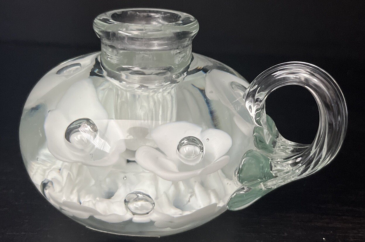 Joe St. Clair Candlestick Holder Suspended Bubble Floral Art Glass Paperweight