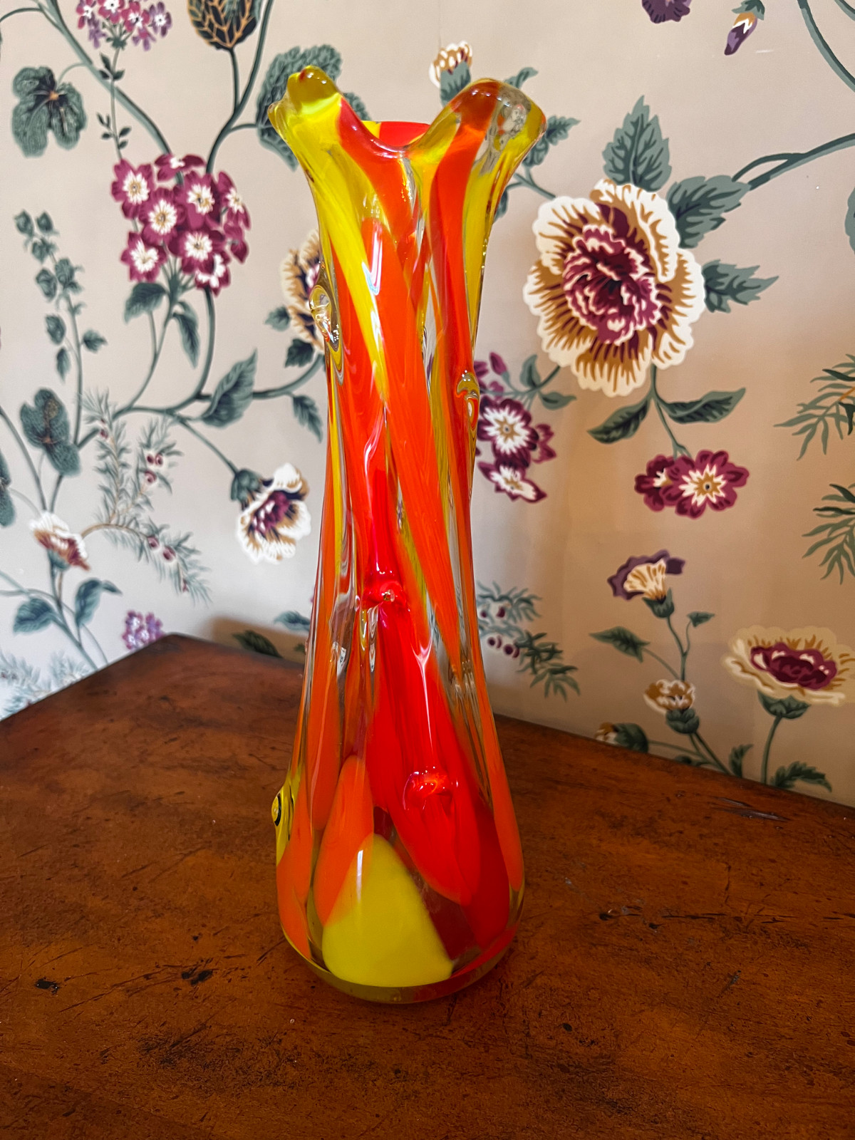 Vintage 1970’s Tall Murano Glass Orange And Yellow Swung Vase