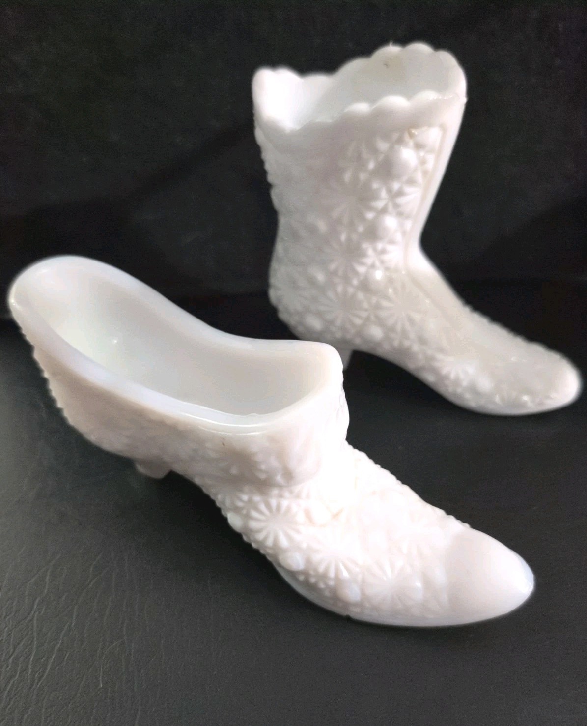 Lot of 2 Vintage Fenton White Milk Glass Daisy & Button Shoe and Boot Figures