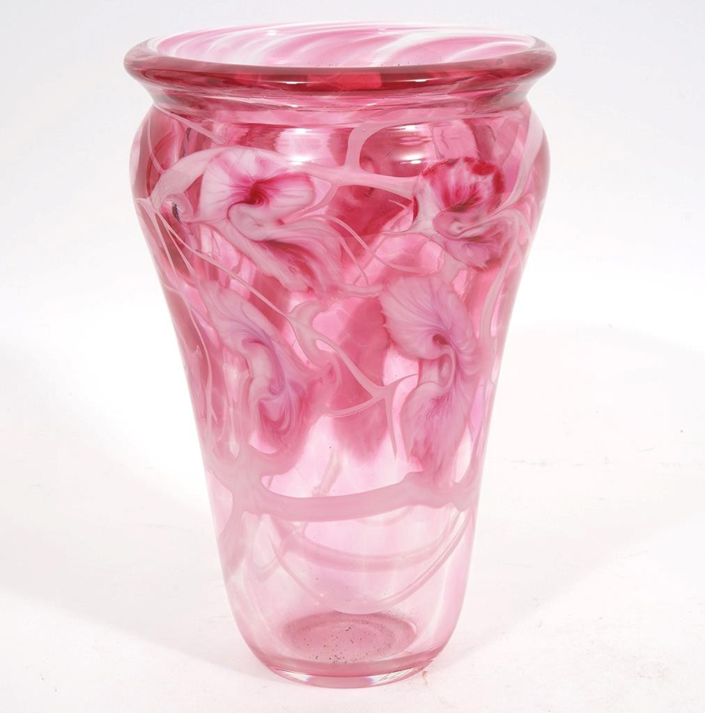 Art Glass John Lotton Signed 1996, Large White & Pink Floral Design Vase, 10″