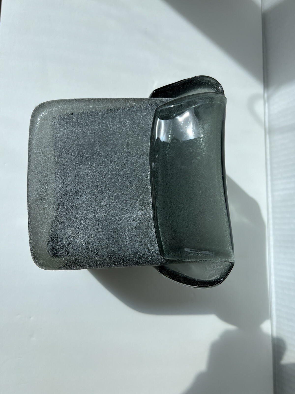 Studio Art Mouth Blown Grey Heavy Glass Cube Vase Folded Top and Frosted Texture