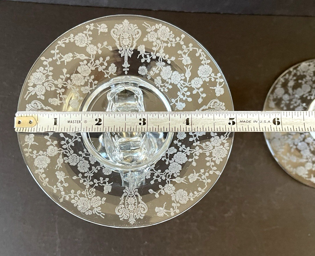 Cambridge Rose Point Etched Glass Keyhole Candlesticks Single Taper Set of 2