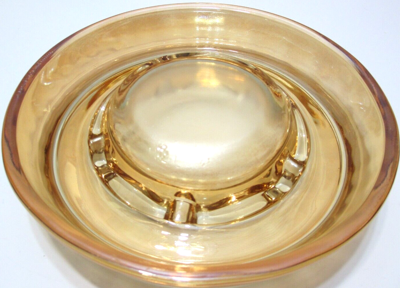 Vintage DUK-IT BFLO PAT Carnival Glass Ashtray Marigold Round 6 1/8″ D 1 1/8″ T