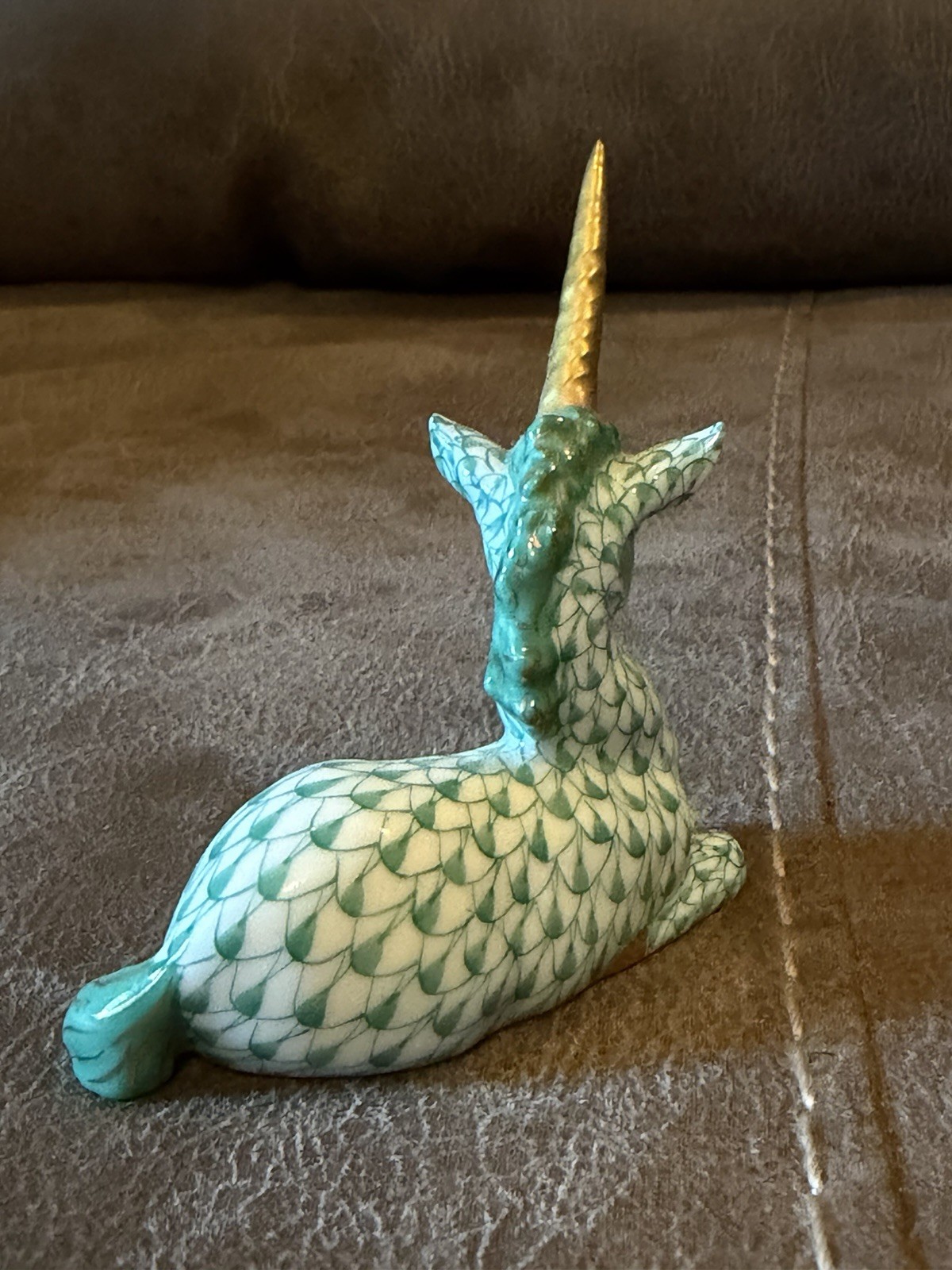 Herend Hungary Porcelain Fishnet Unicorn Figurine ~ Green & Gold