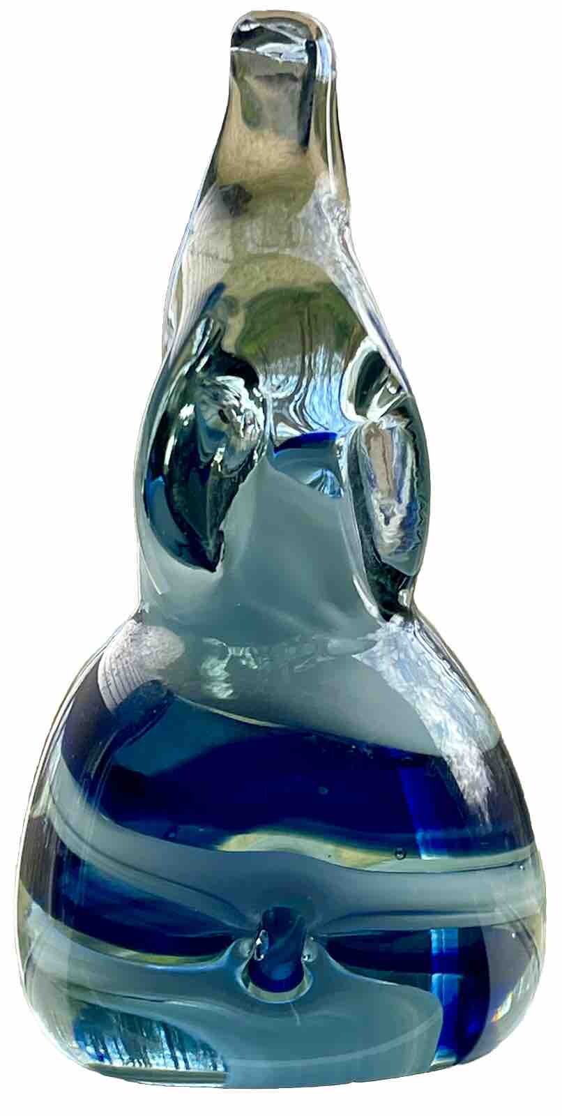 SEAL BLUE SWIRLED ART GLASS HEAVY PAPERWEIGHT 4.75 inches high MADE IN MEXICO
