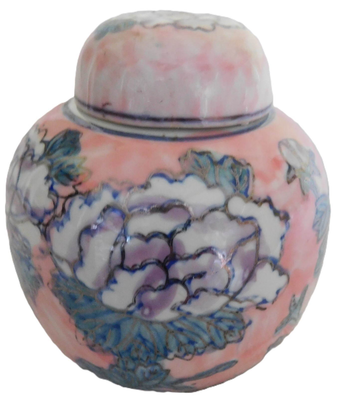 Ginger Jar w/Lid Floral Ceramic Pink w/White & Purple Flowers 4-1/2″ H MINT