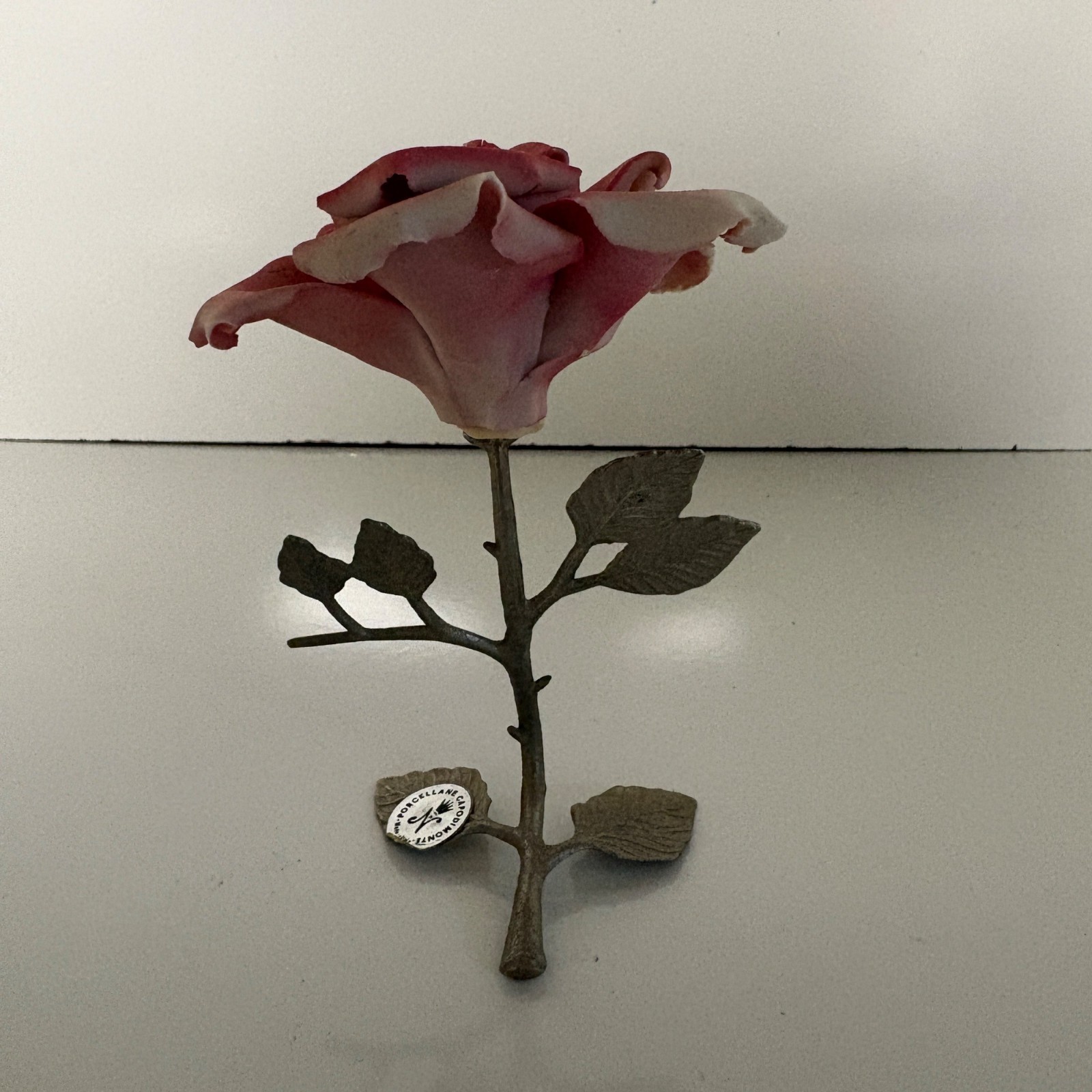 Capodimonte Porcelain Handmade Pink Rose Silvertone Stem Figurine Made in Italy