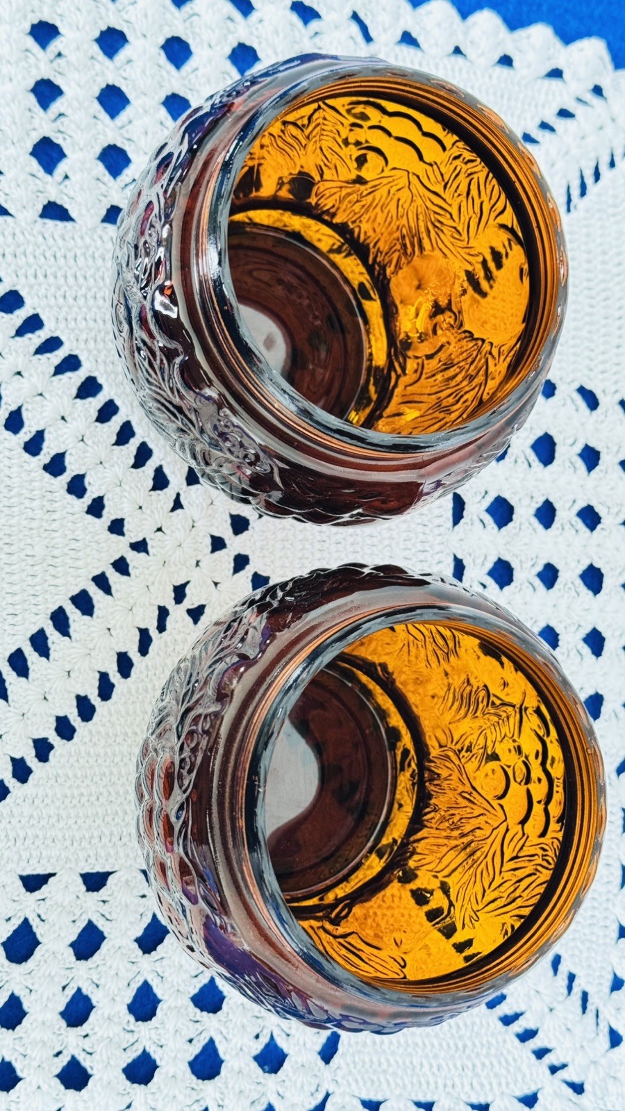 VTG Mid Century Brown Amber Two Glass Canisters Embossed Multi Purpose Jars