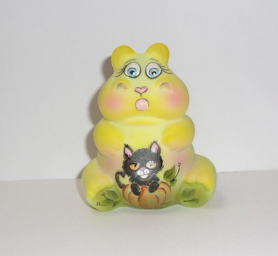 Fenton Glass Yellow Surprised Hippo w Halloween Cat Figurine Ltd Ed 21/55 Kibbe