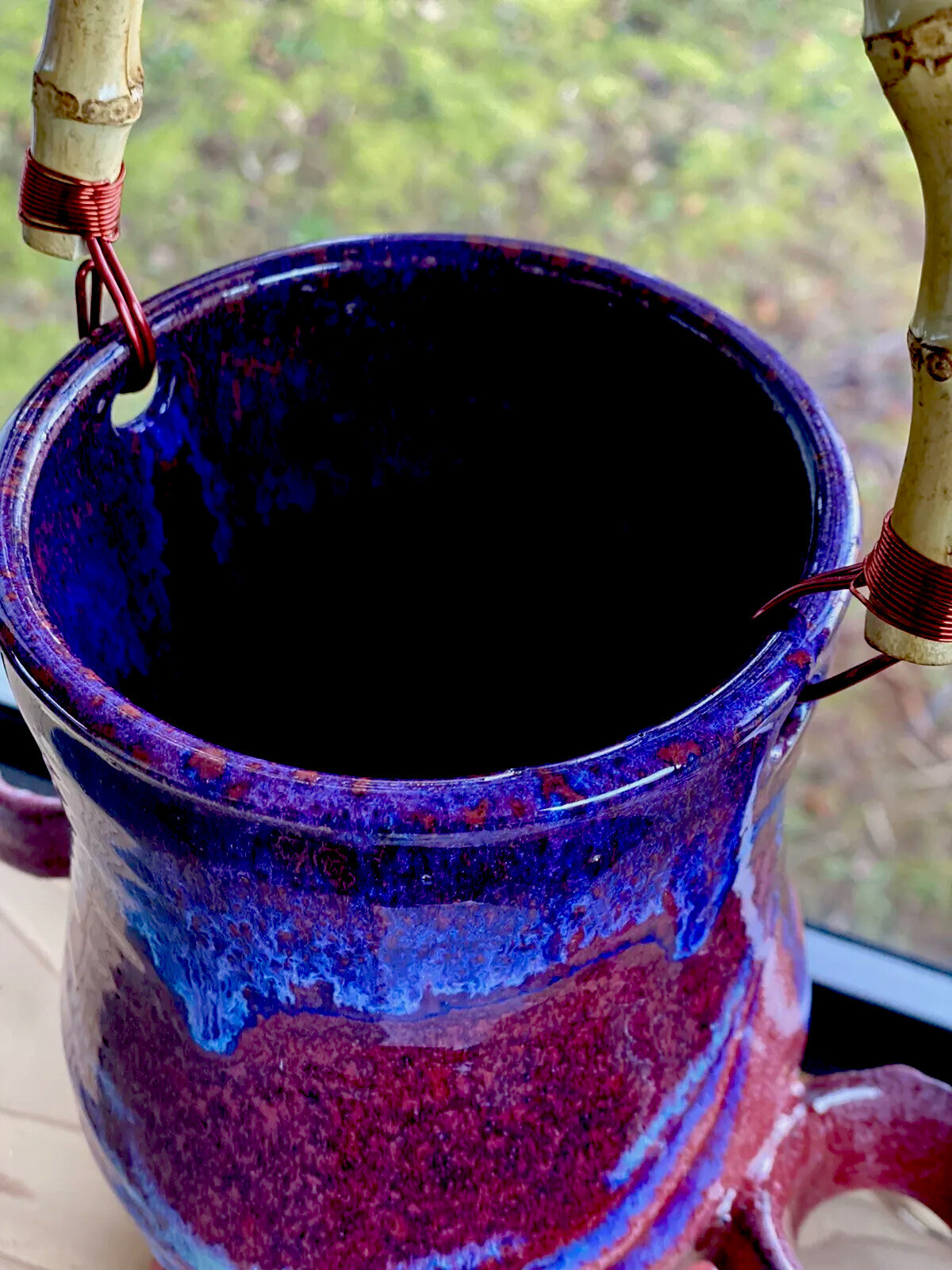 Studio Artist Signed Pottery with Copper Wire Wrap Bamboo Handle, Glazed Vase