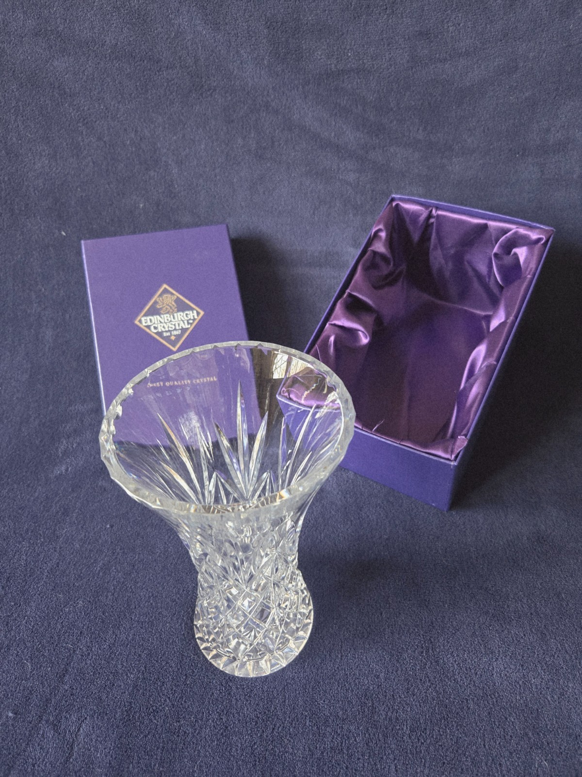Edinburgh Crystal lead crystal vase 8″, top rim diam-5″, bottom diam-3″
