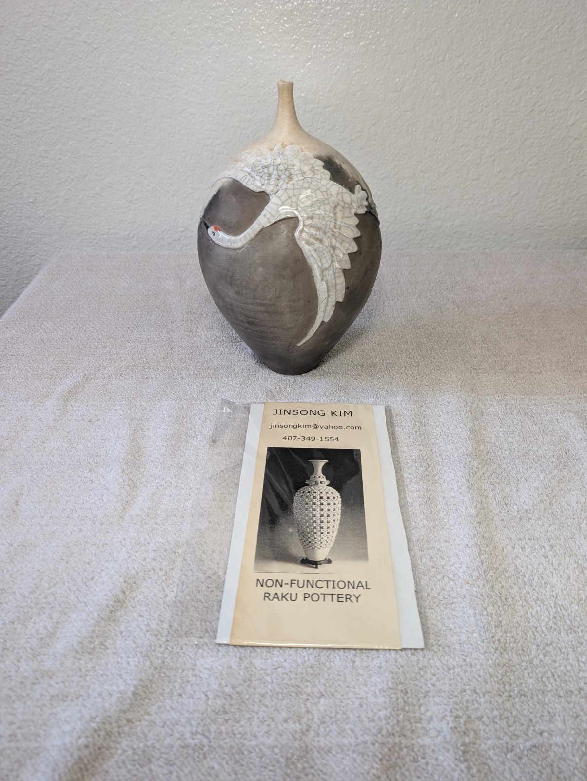 Jinsong Kim Non-Functional Raku Pottery Vase Crane Bird Design