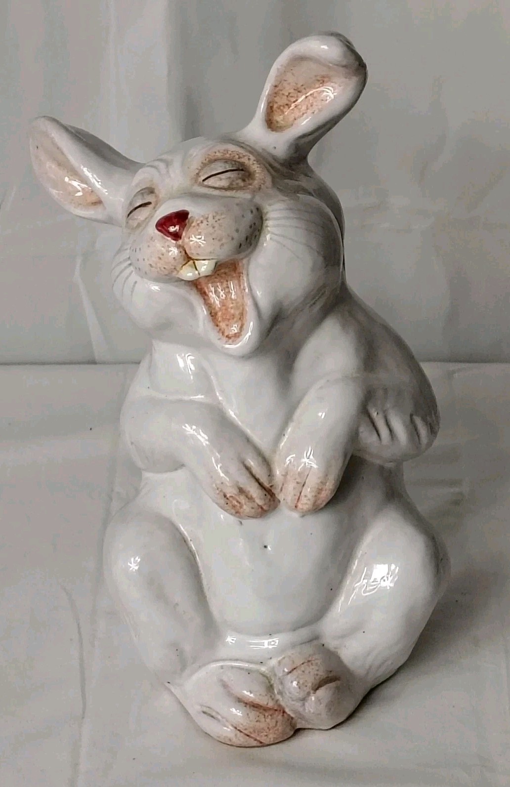 Vintage Terracotta White Glazed Laughing Bunny Rabbit Figurine 10.25” Italy EUC