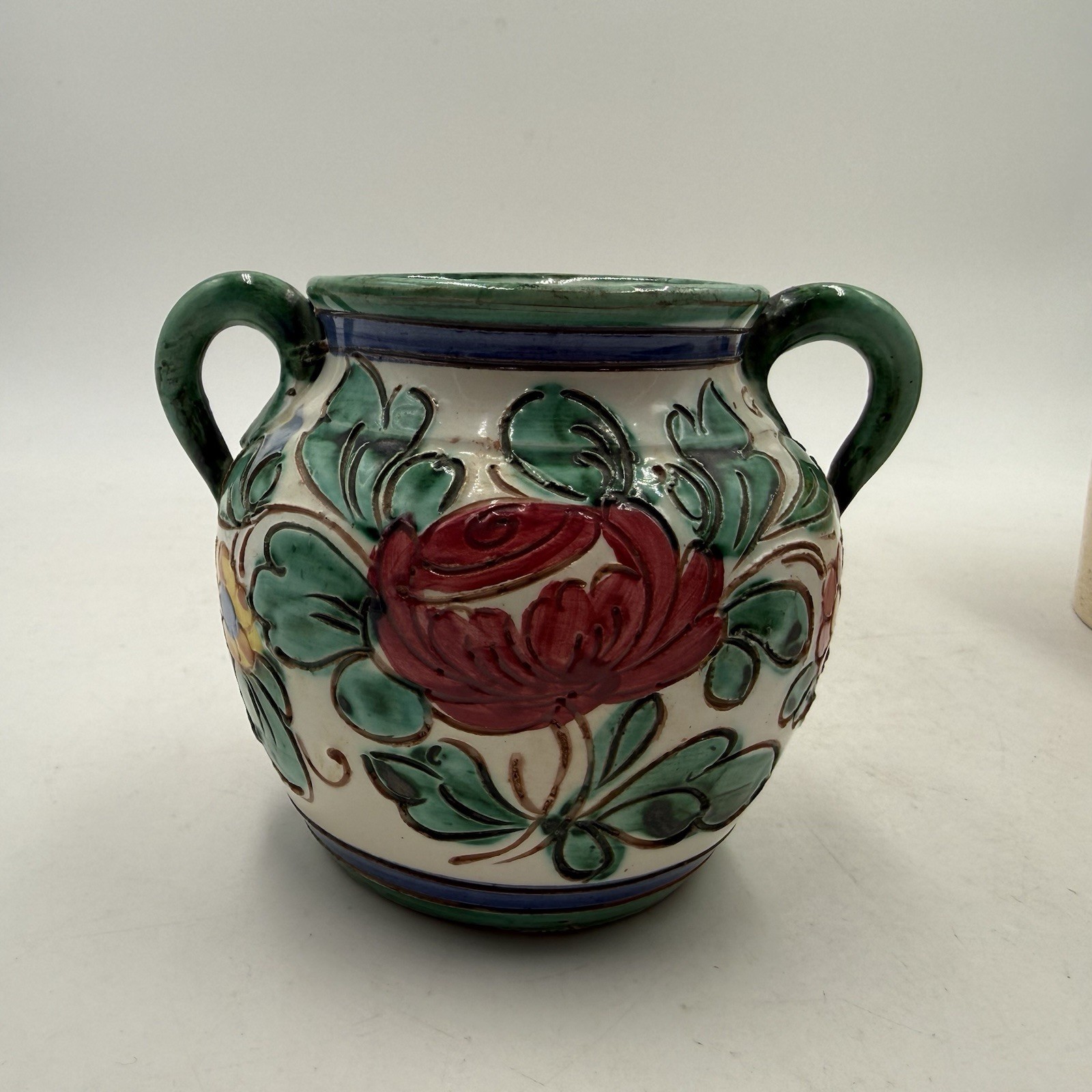 Vintage Double Handle Ceramic Vase Handpainted Italian Vanro Art Pottery Floral