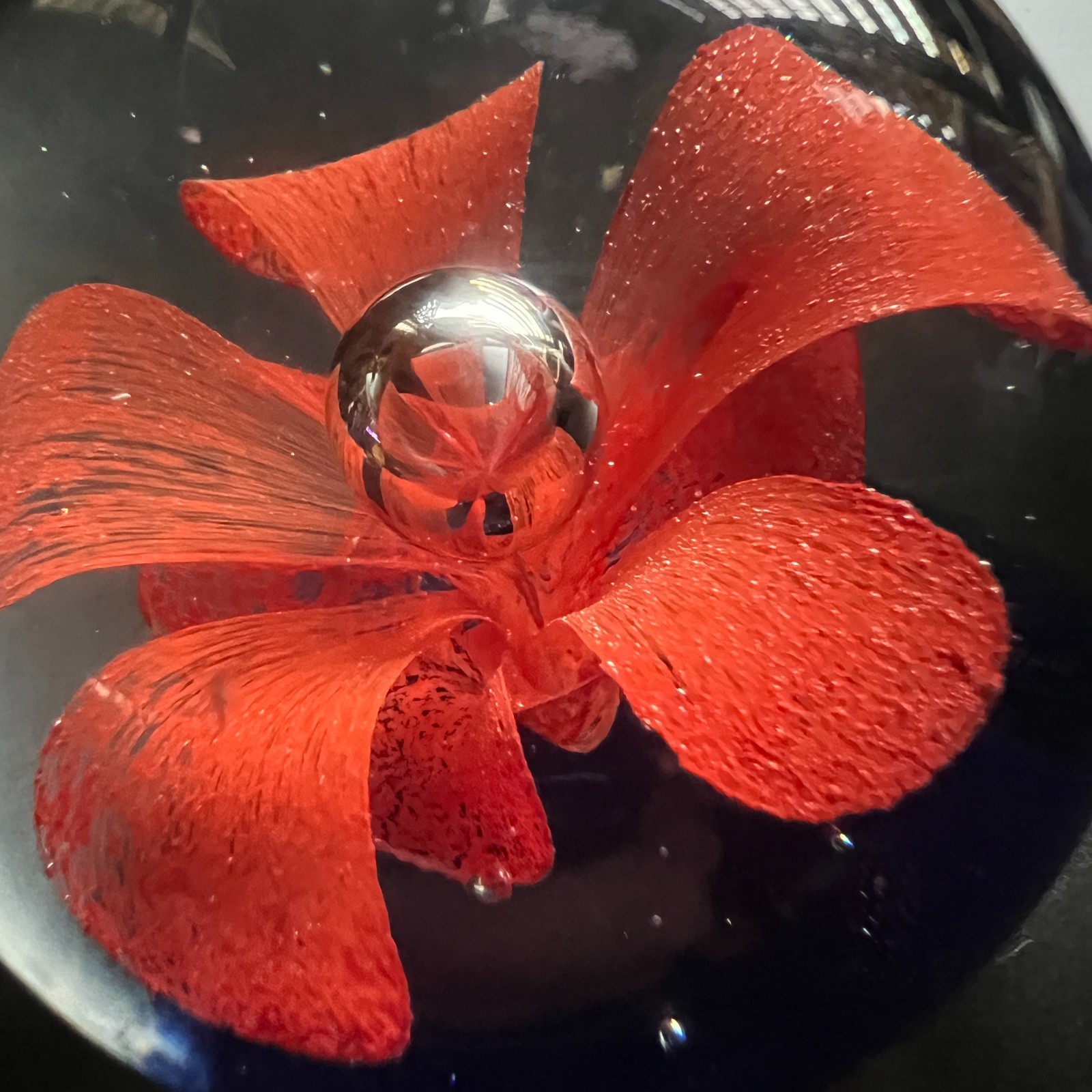 Vintage Art Glass Paperweight Red Flower Cobalt Blue Clear Orb Decor