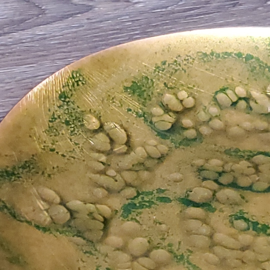 MCM Tabletop Ashtray / Trinket Dish – Gold Green Enamel Flat Metal Round 8″