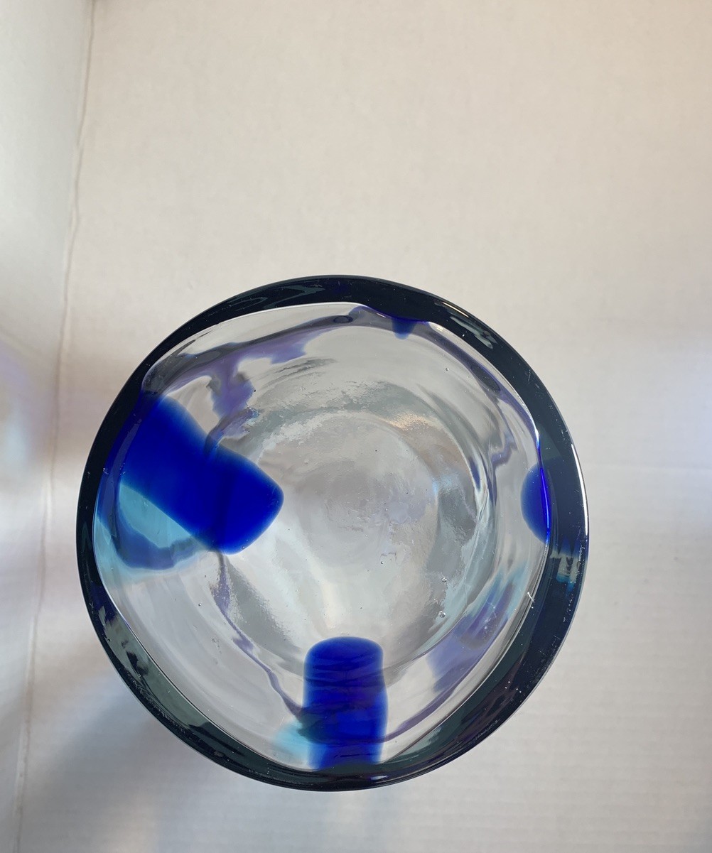 Hand Blown Mexican Glass Cylinder Vase 6″x14″, Clear w/Cobalt Blue Swirls