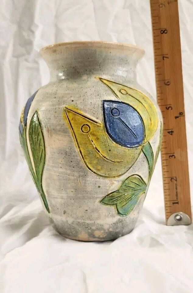 Vintage Dolores Porras Mexico Folk Art Terracotta Pottery Vase Flower Motif