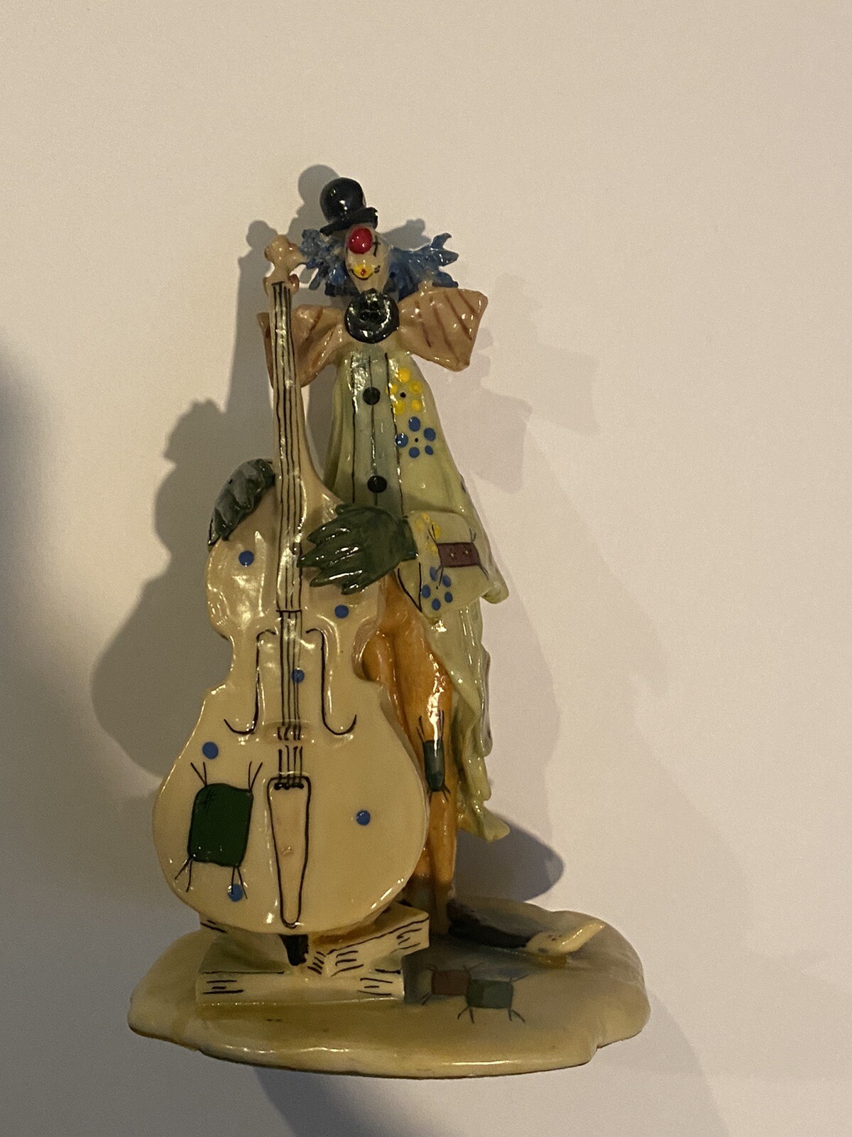 Vintage Clown Figurine Funky Spaghetti Hair Cello Circus Music Art Figure