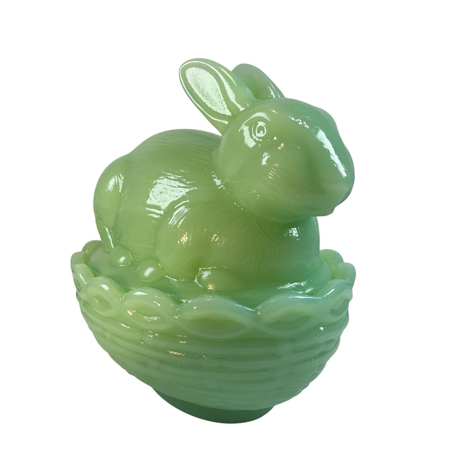 Mosser Milk Glass Bunny Rabbit On A Basket Nest Jadeite Green Covered Dish USA