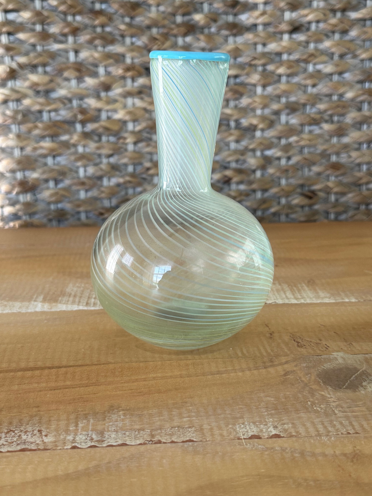 Dansk Vintage Blue Mezza Filigrana Swirl Art Glass Vase 6.25”