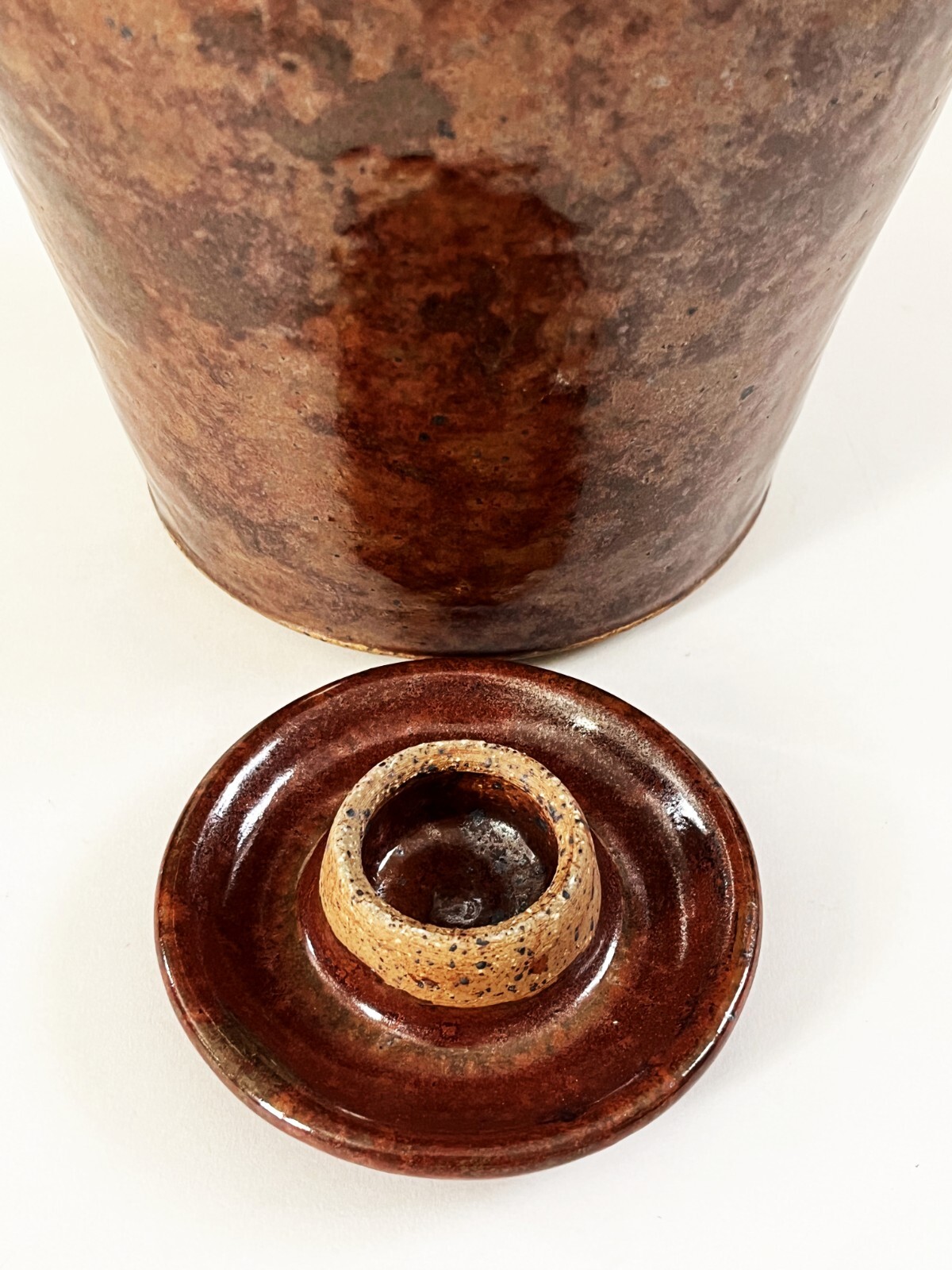 ARTS CRAFTS MISSION STYLE LIDDED JAR VASE HAMMERED COPPER GLAZE STUDIO POTTERY