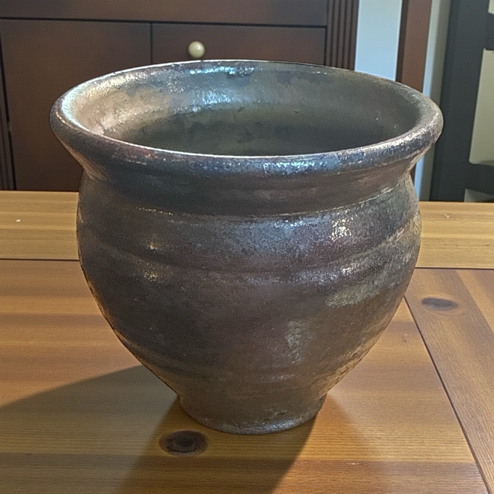 Small Glazed Hand Thrown Pottery Mottled Brown With Earth Tones 3 Inches Tall