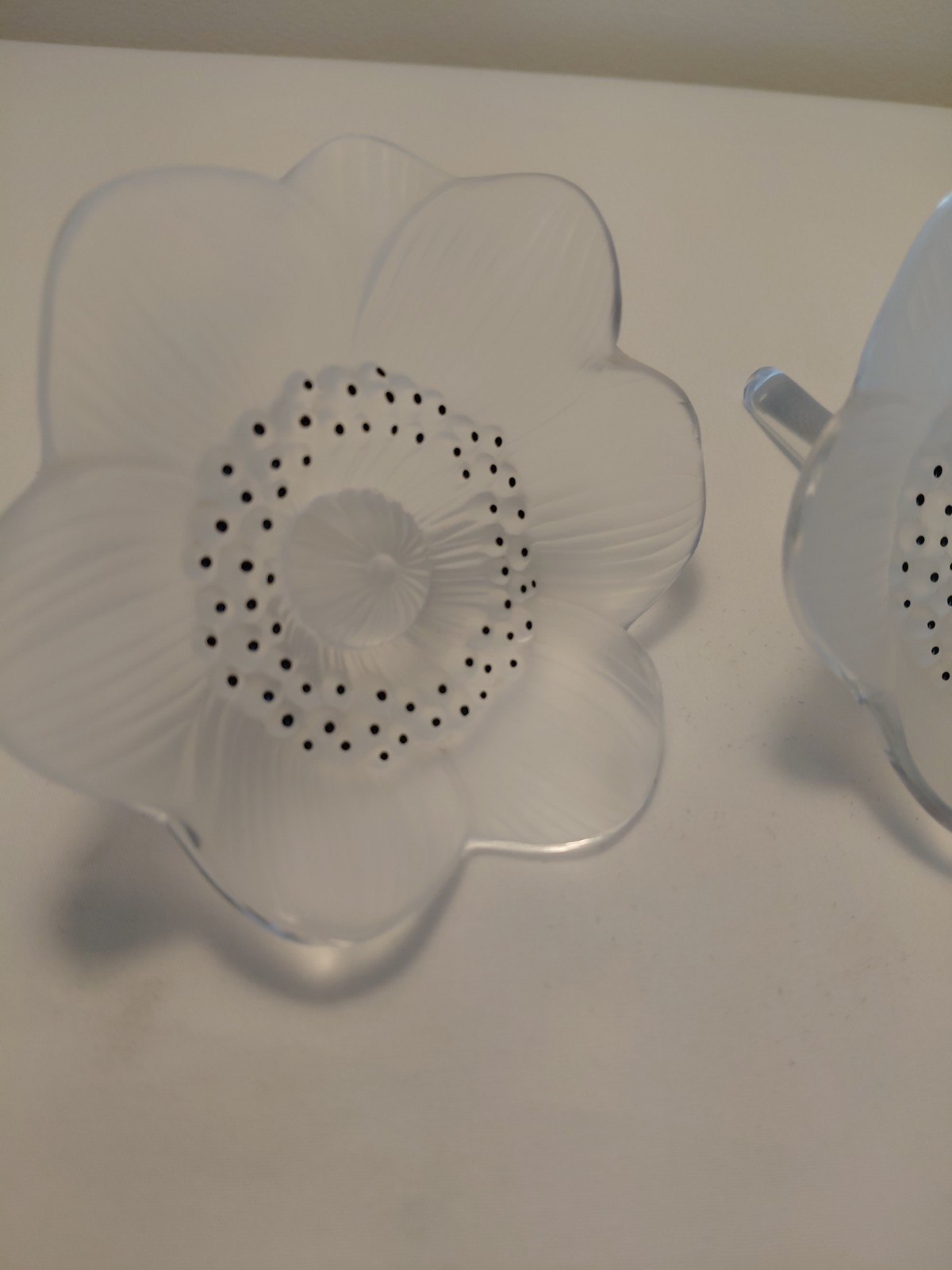 Vtg Rene Lalique Signed Frosted Crystal Anemone Floral W/Black Enamel Sculpture