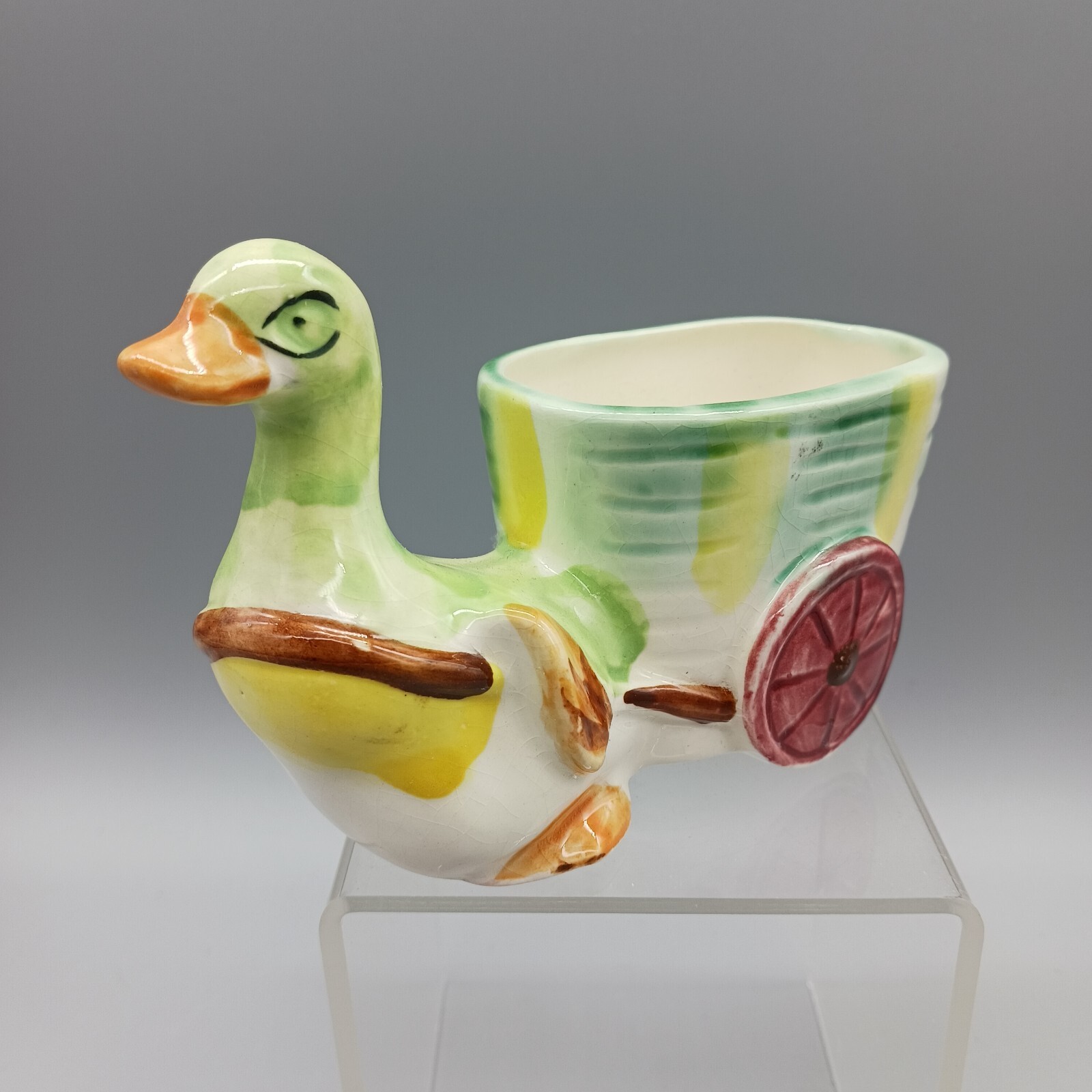 Vintage Small Ceramic Planter Duck Pulling Cart Unmarked 4.875″ x 3″ x 2.875″