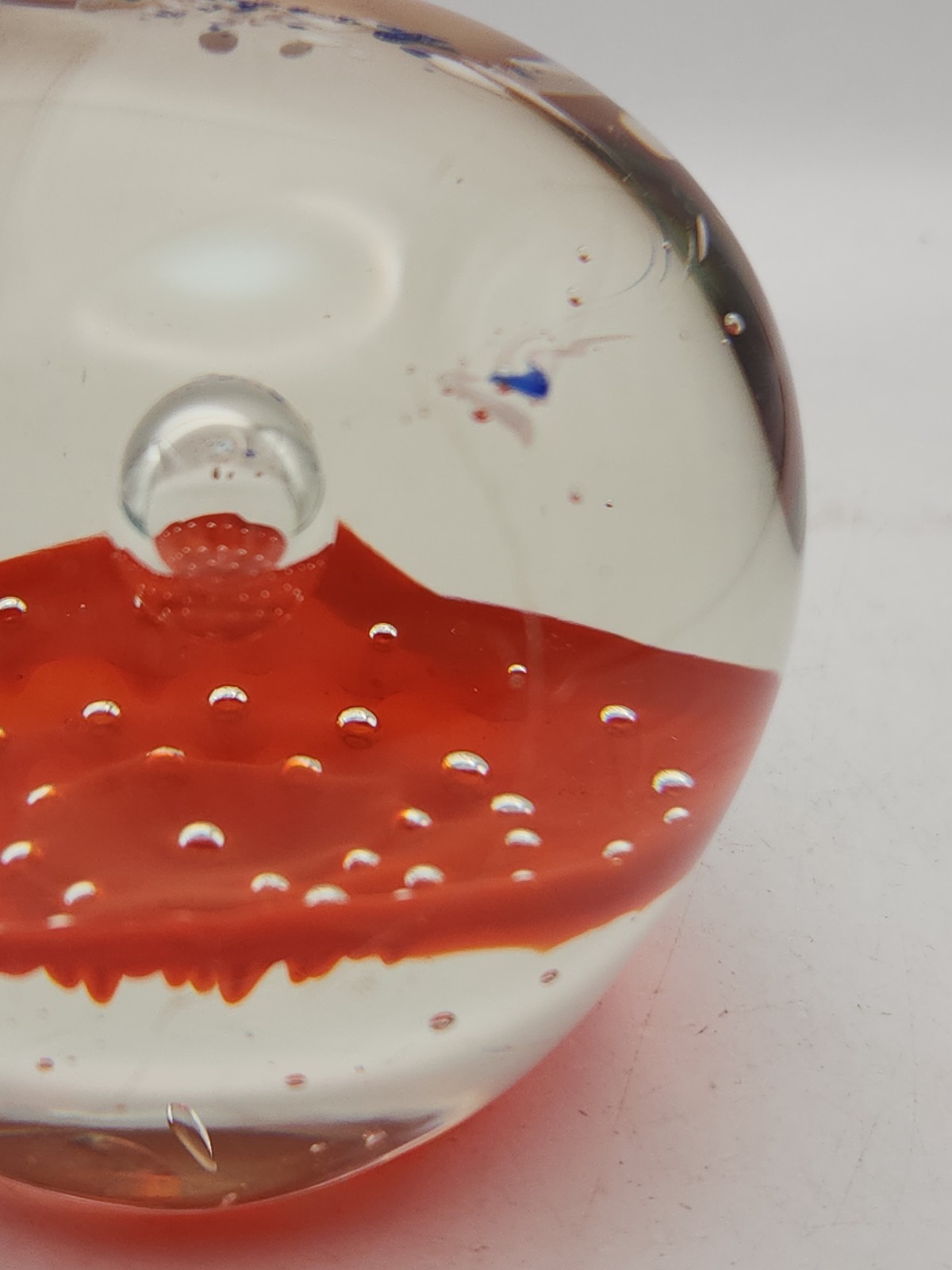 Vtg HandBlown Glass Paperweight Ball Orb Orange Blue Clear Bubble MCM Trippy