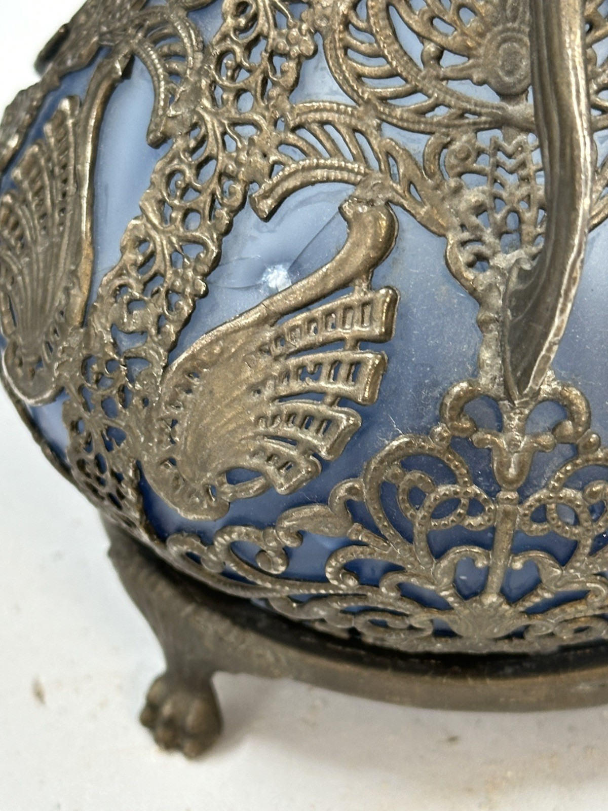 Blue Frosted Glass Vintage Greek or Russian Amphora Vase Nickel Silver Overlay