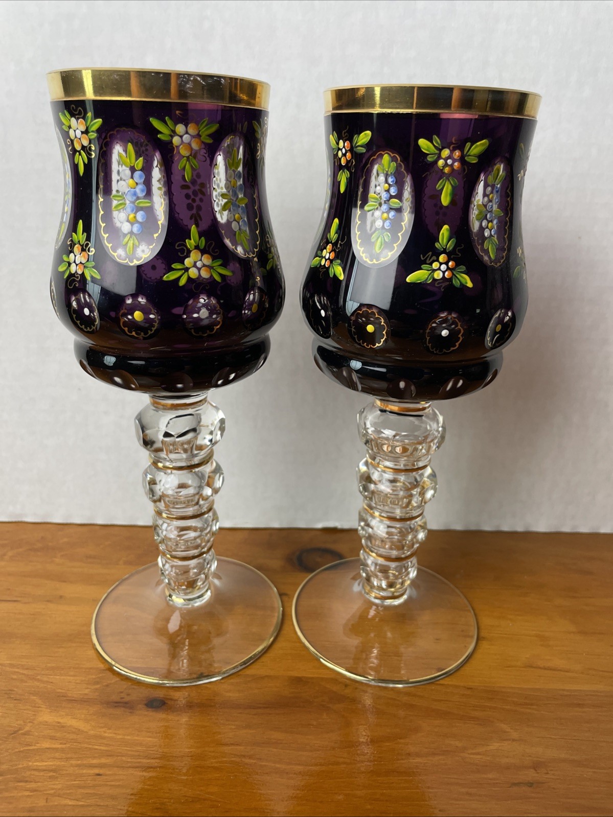 2 Amethyst Stem Glasses Art Nouveau Overlay Cameos With Flowers Moser READ MORE