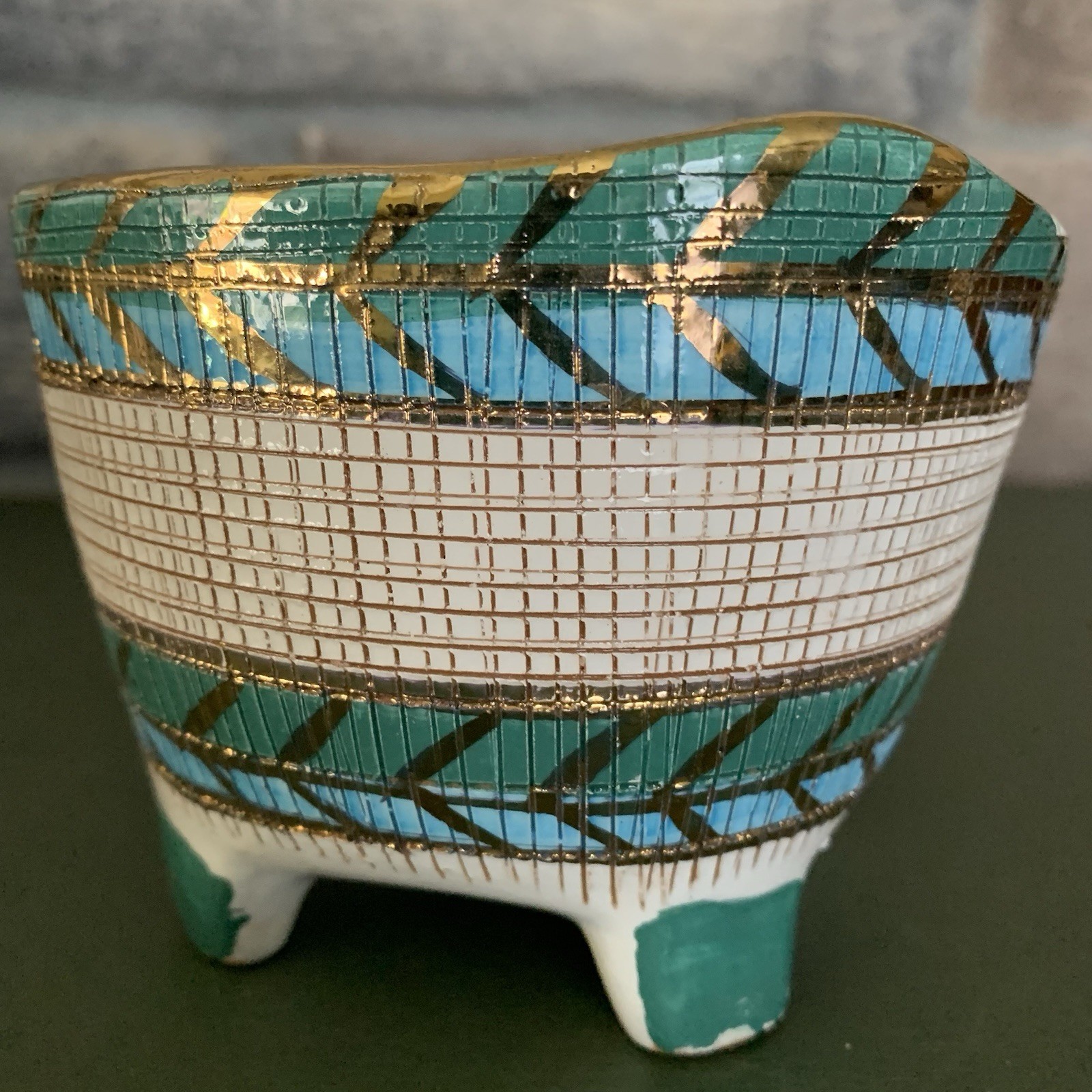 Vintage Bitossi Aldo Londi Rimini Cross Hatched Blue Gold Planter Italy