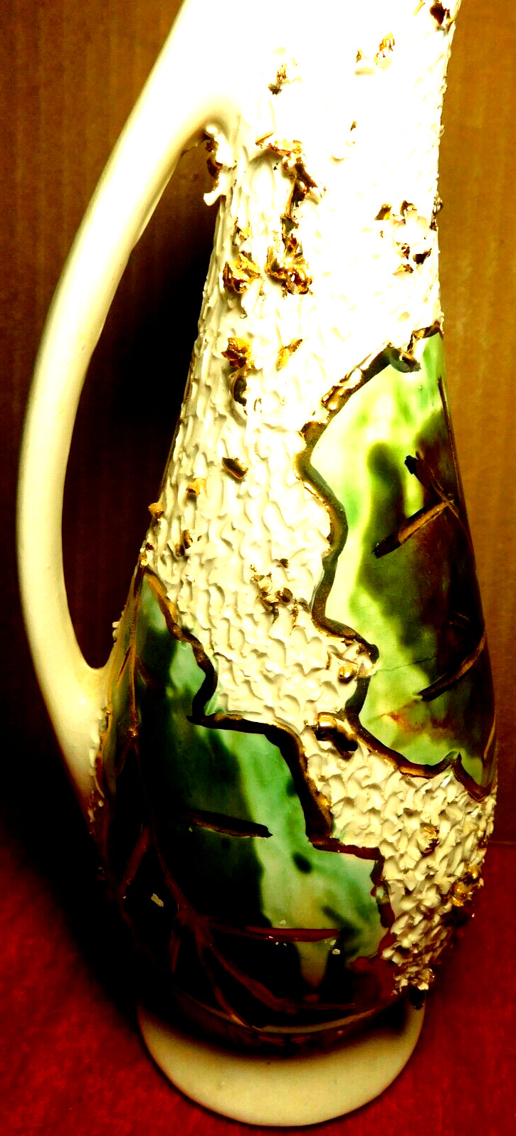 USA Ceramic~Leafy Art Pottery Pitcher Vase With Gold Outlines Vintage