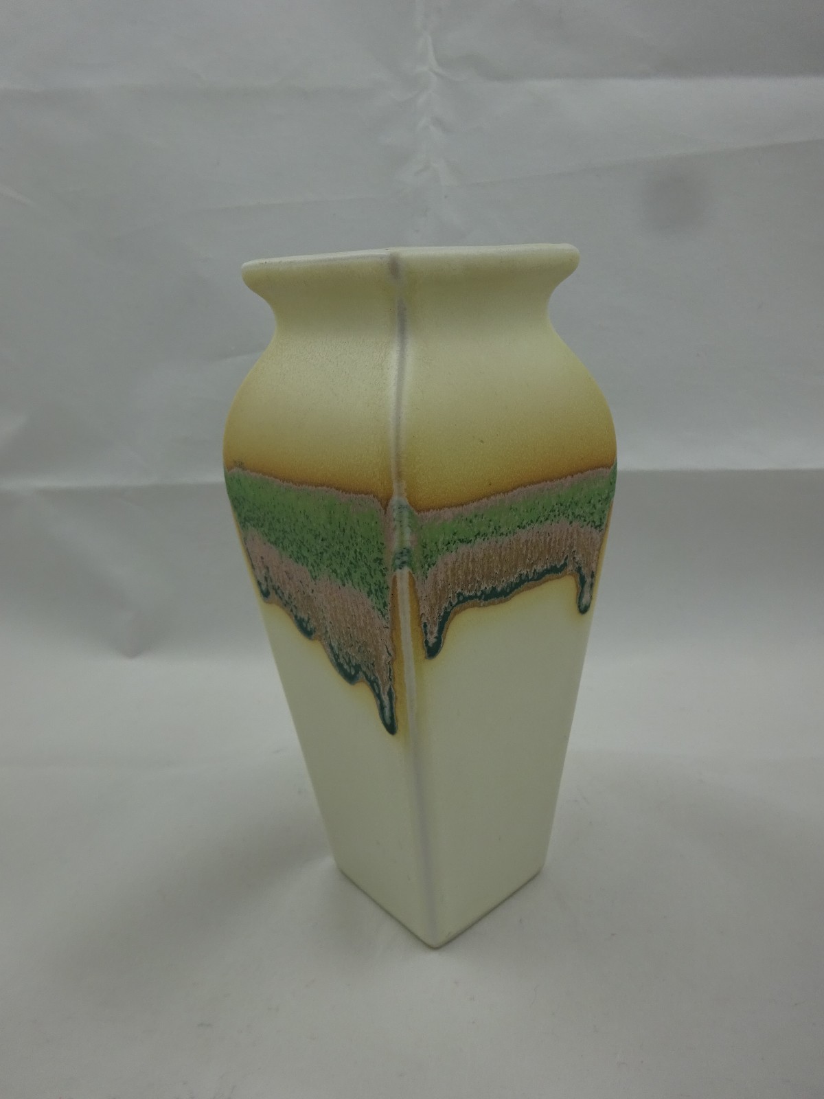 San Pacific San Francisco Drip Glaze Pottery Vase ~ 7″ Tall ~ Tan Green Pink