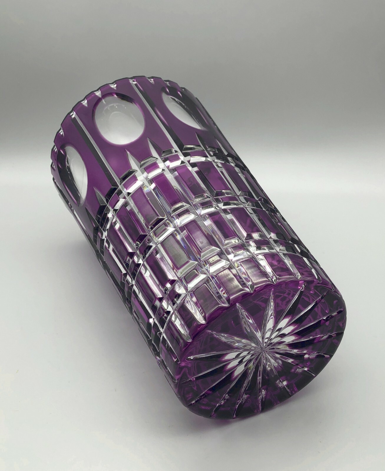 Vintage Bohemian Dark Amethyst Purple Cut Ovals Rectangles to Clear Tall Vase