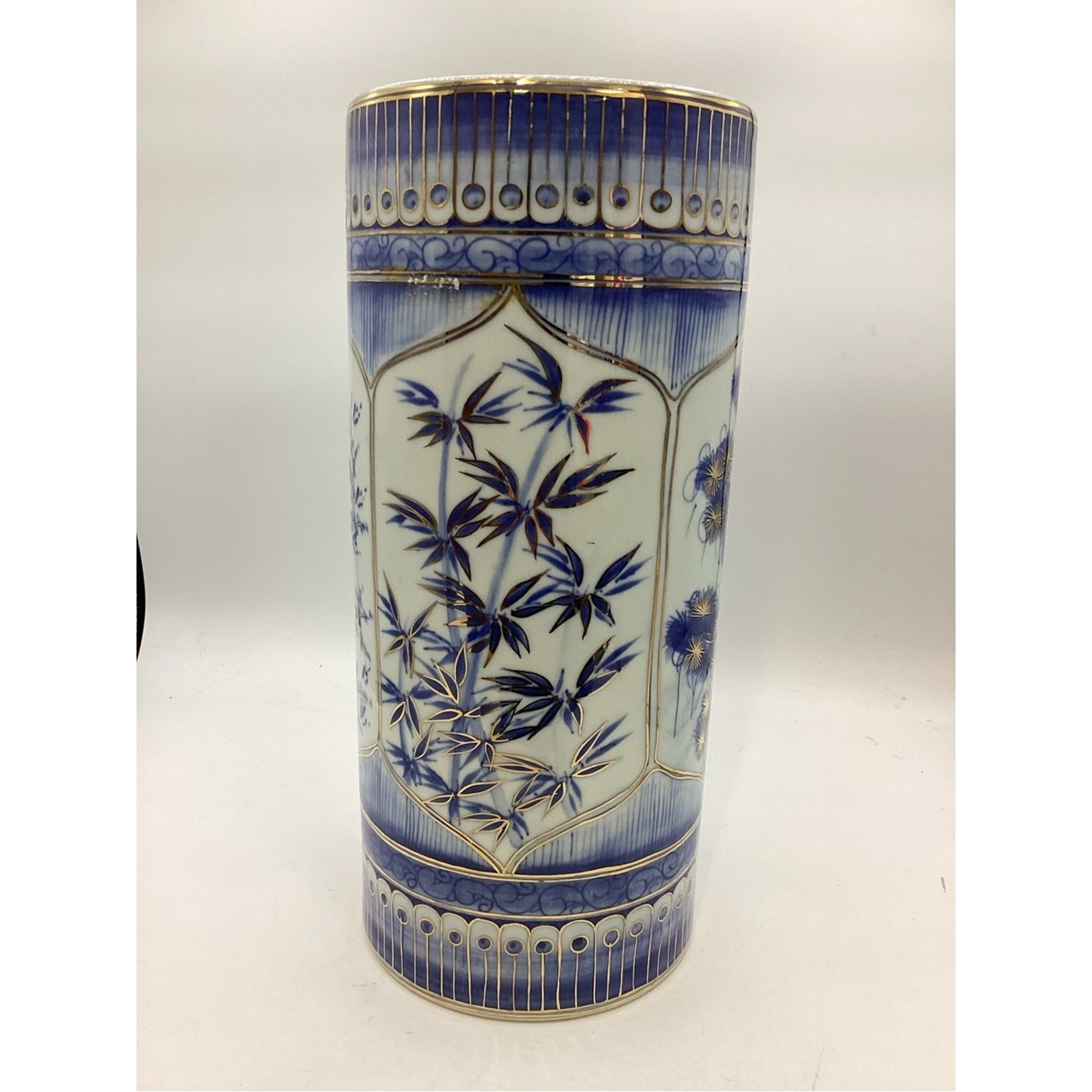 Vintage Chinese Blue, White and Gold Hand Painted Brush Pot