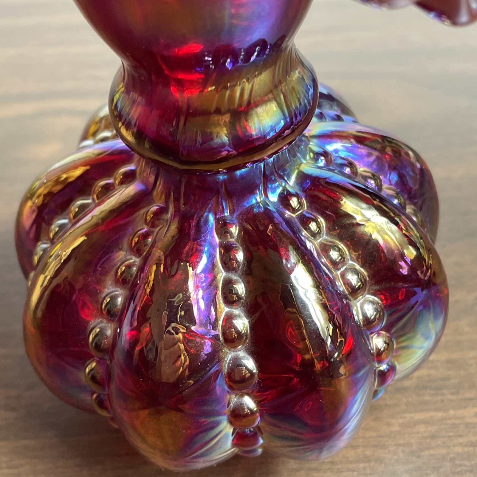 Vintage Fenton Red Carnival Glass Beaded Melon Vase 6″