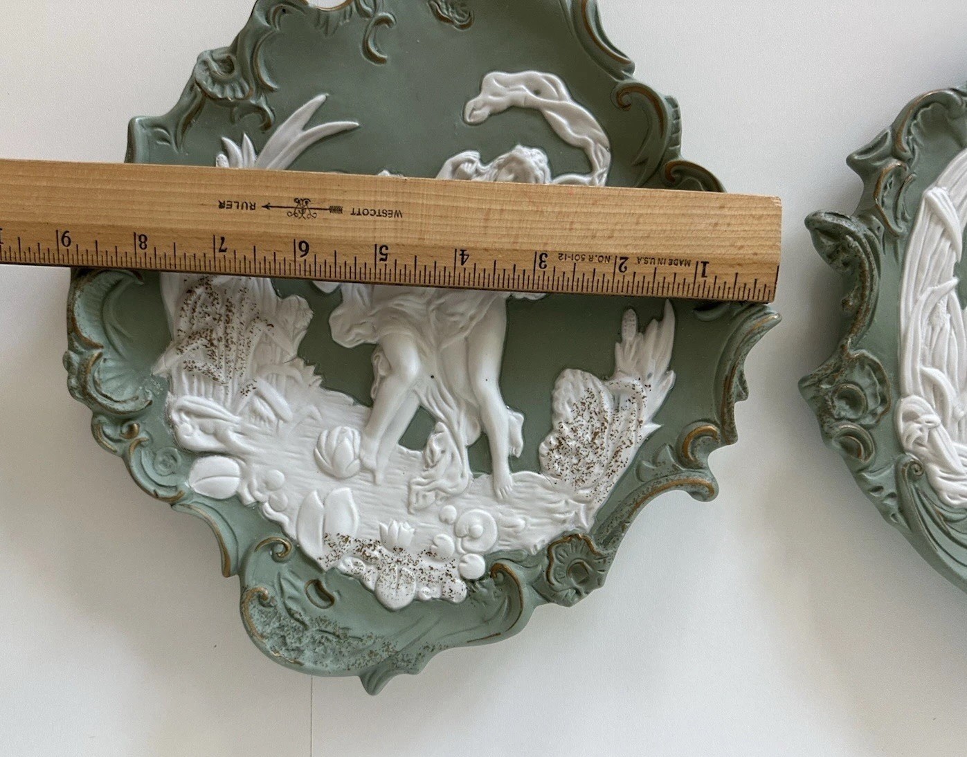 Set of 2 Green Jasperware Wall Plaque Neoclassical Wedgwood Style Relief Figures