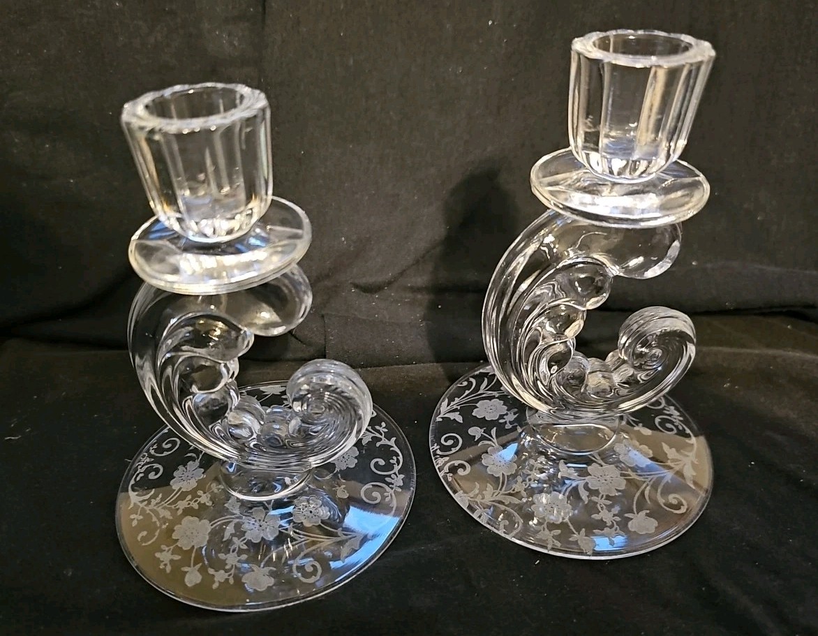 Fostoria Plume Romance Crystal Etched Candle Holders 5 3/4 in Set of 2