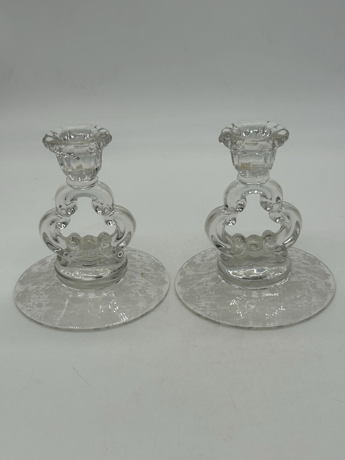 Cambridge Rose Point Etched Glass Keyhole Candlesticks USA – Vintage (Set of 2)