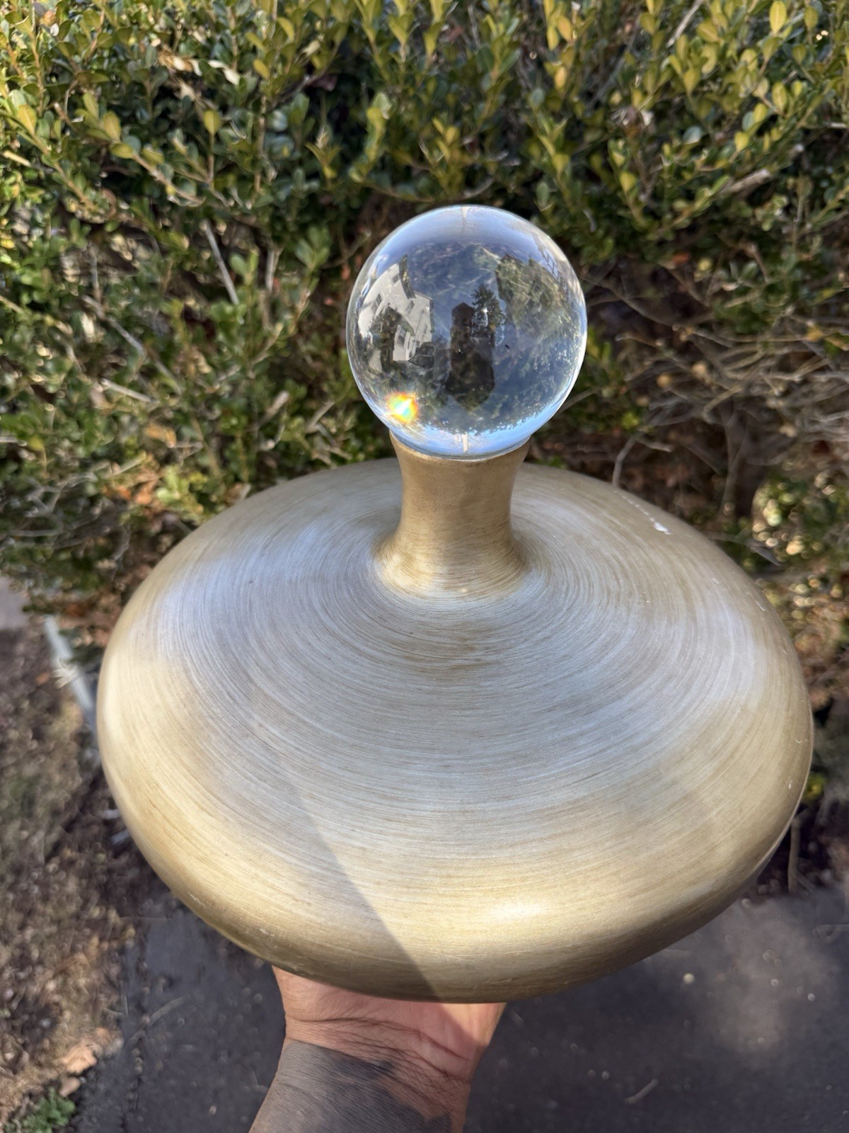 Carolyn Kinder Mid Century Brushed Aluminum vase with clear Ball 10″x 11″ Rare
