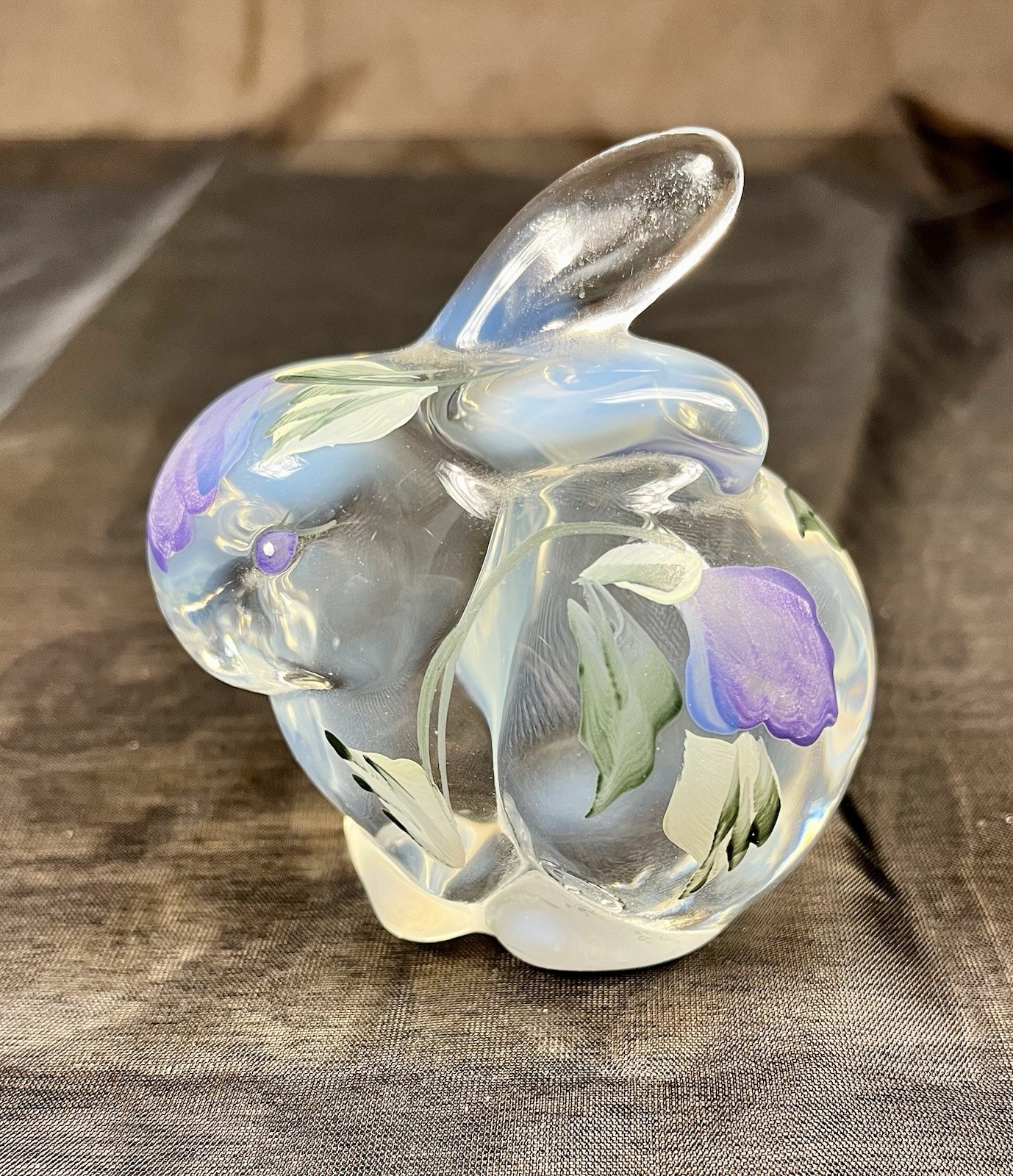 Fenton Glass Opalescent Bunny Rabbit Figurine Hand Painted Signed K. Riley