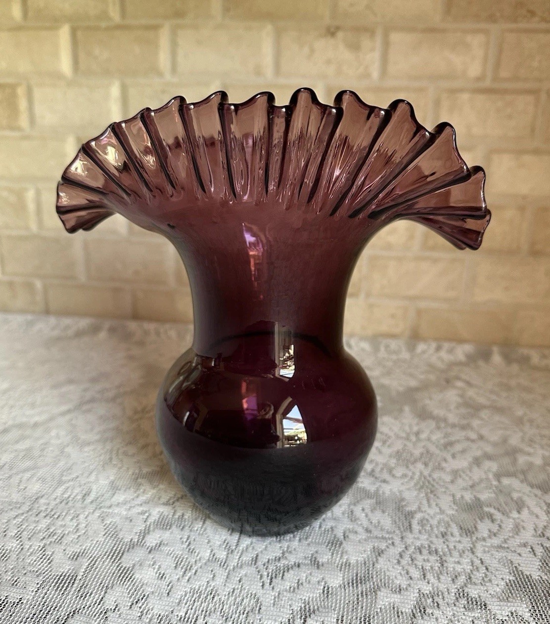 Blenko #390 Purple Amethyst Glass Vase, Mid-Century Crimped Rim Hand Blown 7.75”