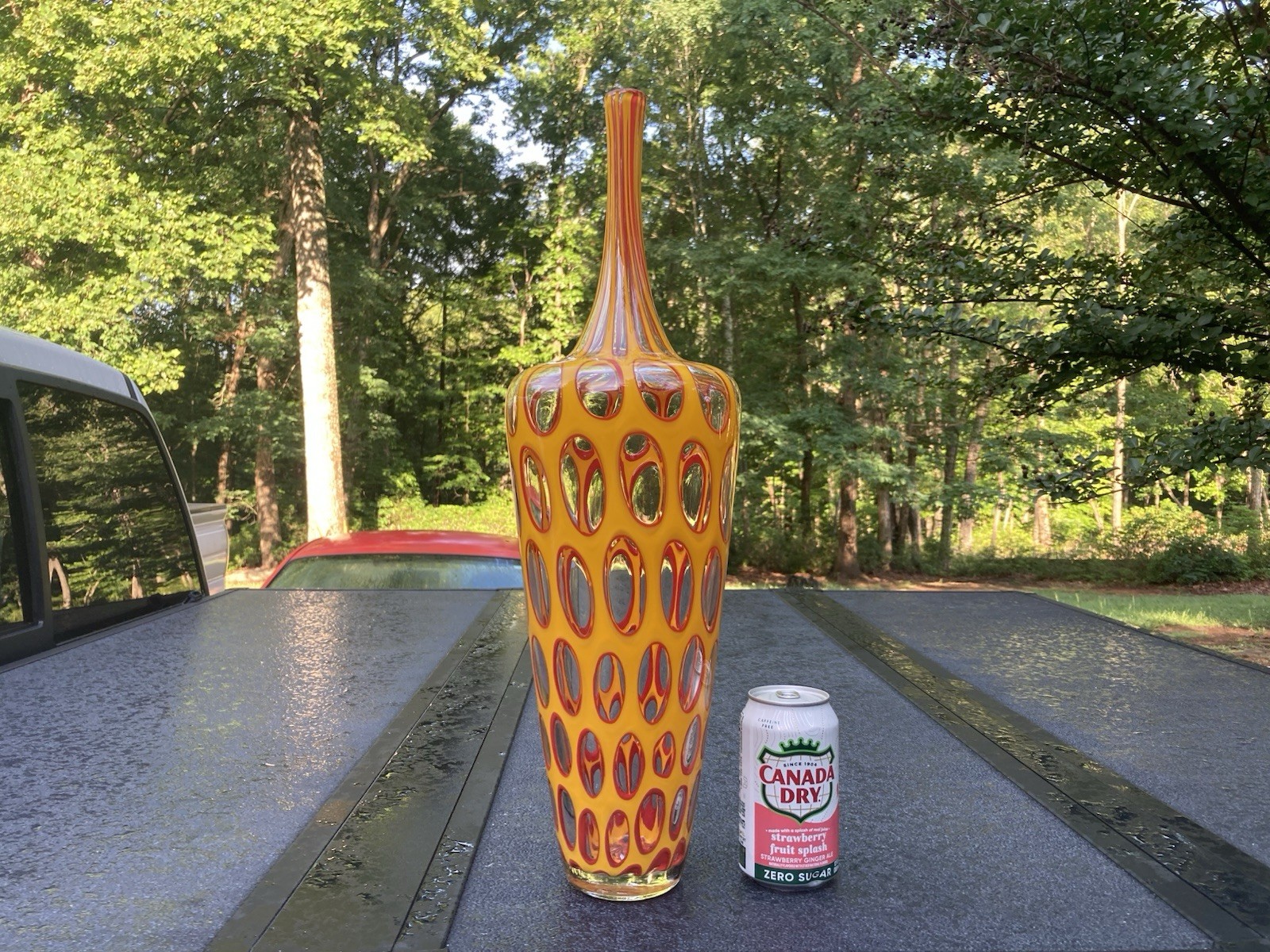 Stunning Signed Sam Stang Art Glass Blown Bottle Vase / Oval Windows