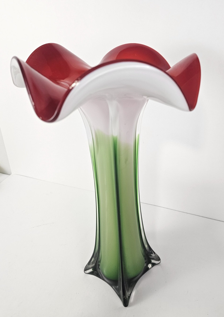 Vintage Hand Blown Tulip Vase Cased Art Deco Glass Trumpet Red White Green 14.5″