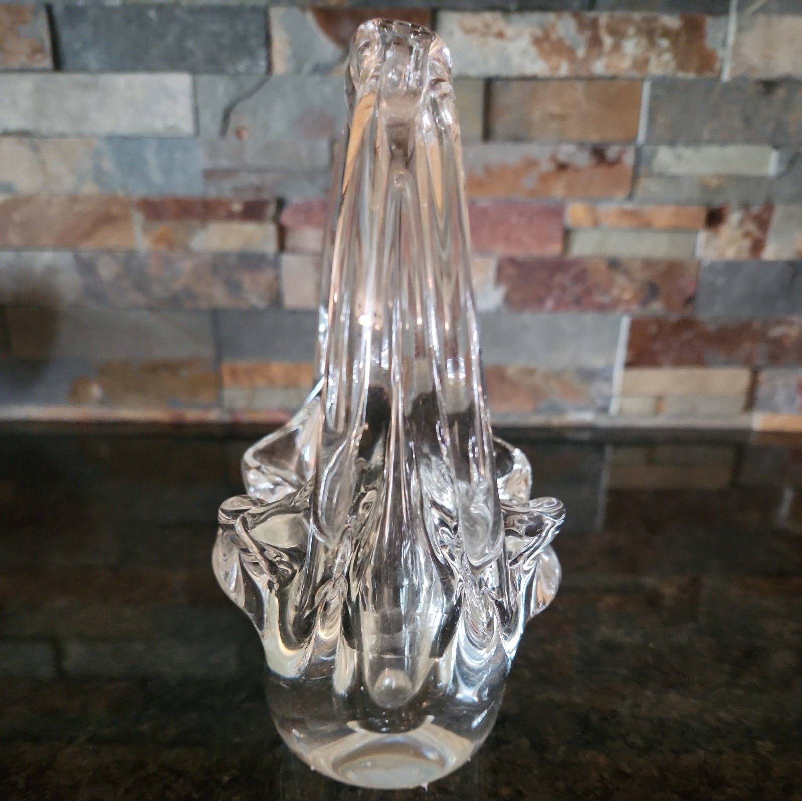 Vintage Crystal Basket Abstract Murano Style Clear Glass7.5”