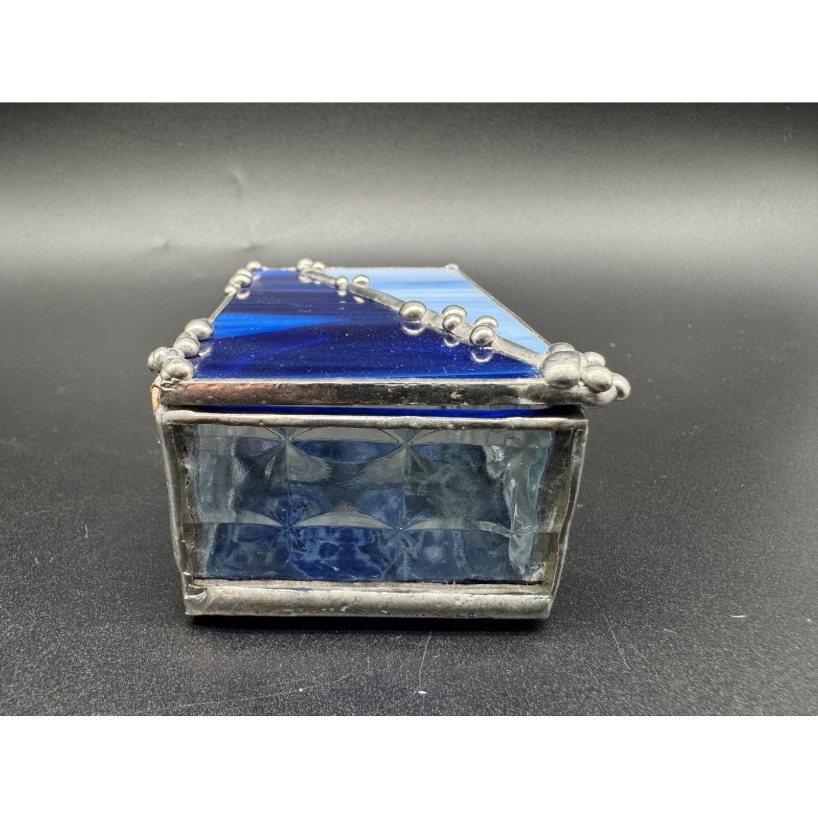 Art Glass Leaded Hinged Box Cobalt and Light Blues. 3″x 2″